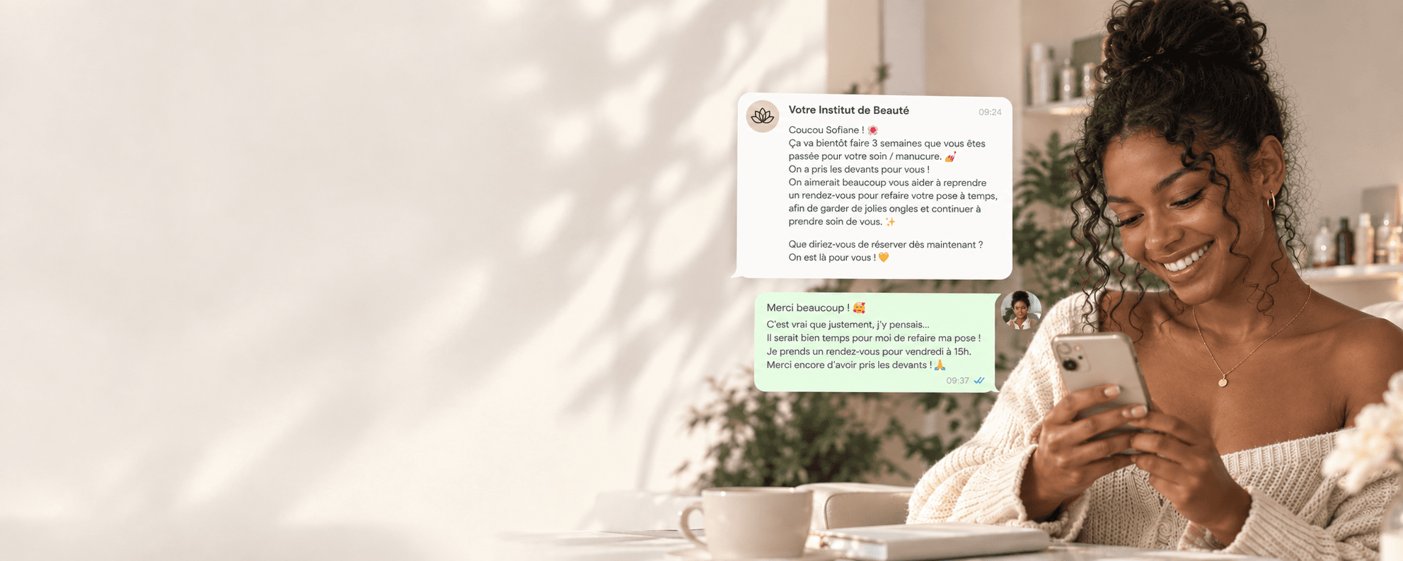 Client souriant qui reçoit et répond à une relance par message